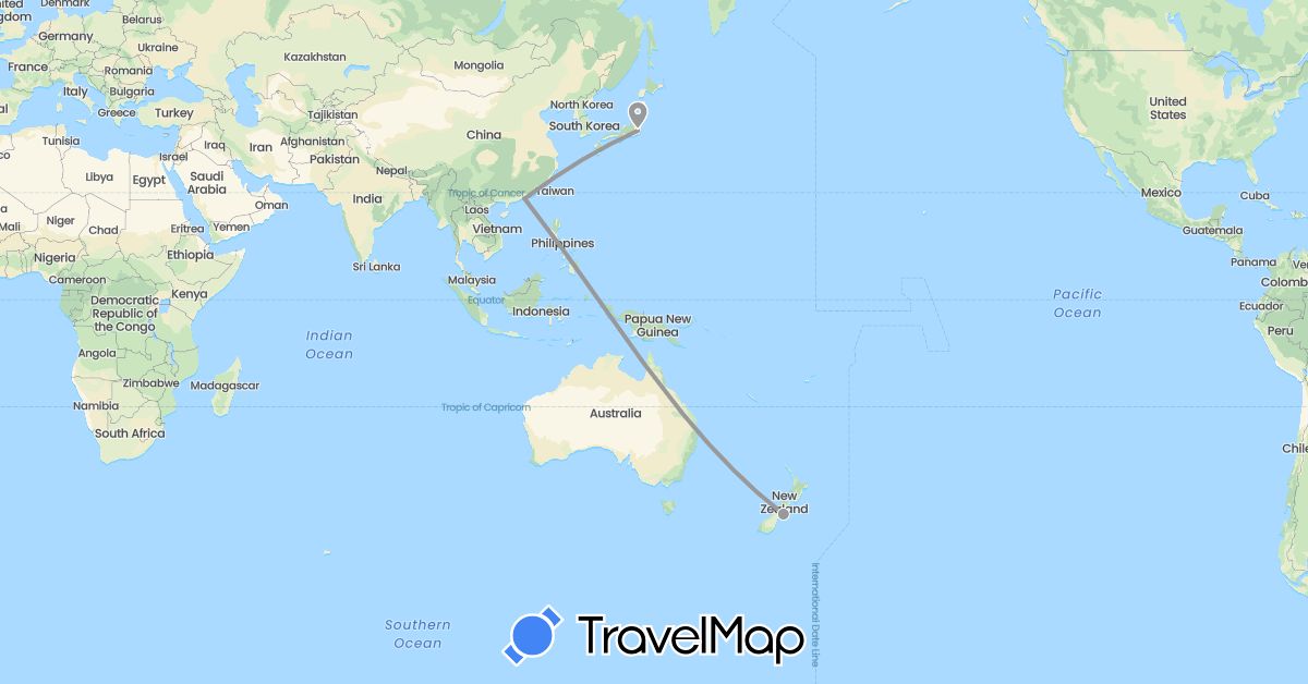 TravelMap itinerary: plane in China, Japan, New Zealand (Asia, Oceania)